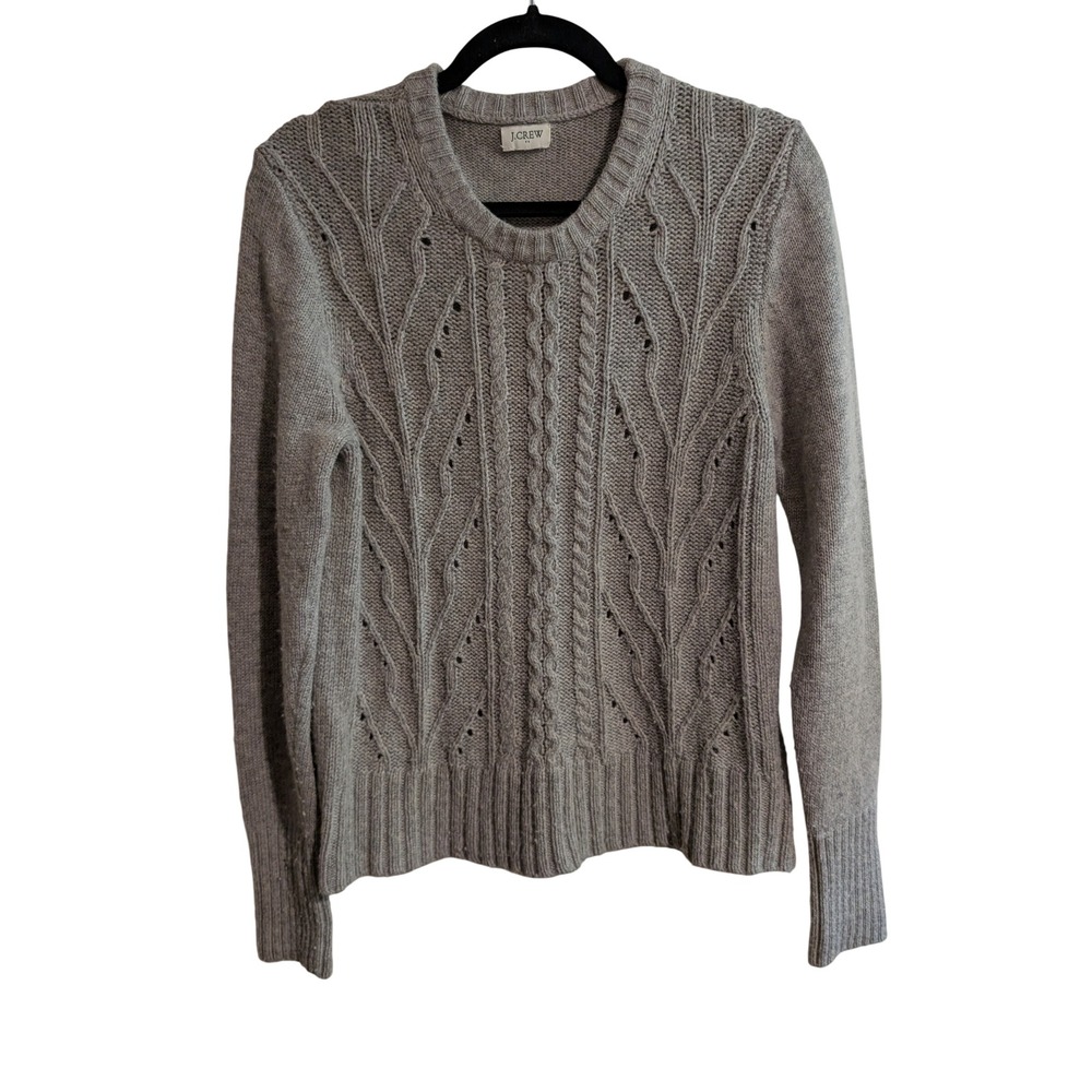 J.Crew Cable Knit Sweater Womens‎ Medium Gray Pointelle Leaf Lambswool Blend
